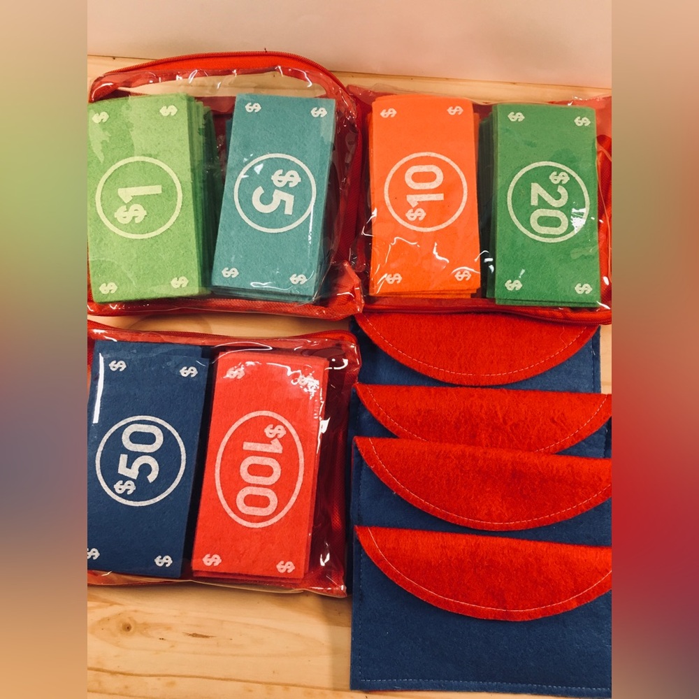 Felt Play Money Set Bills & Coins With Wallet & Bag Counting Skills Development